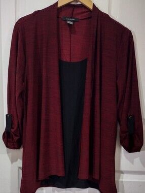 Liz McCoy Burgundy and Black Layered Open-Front Cardigan